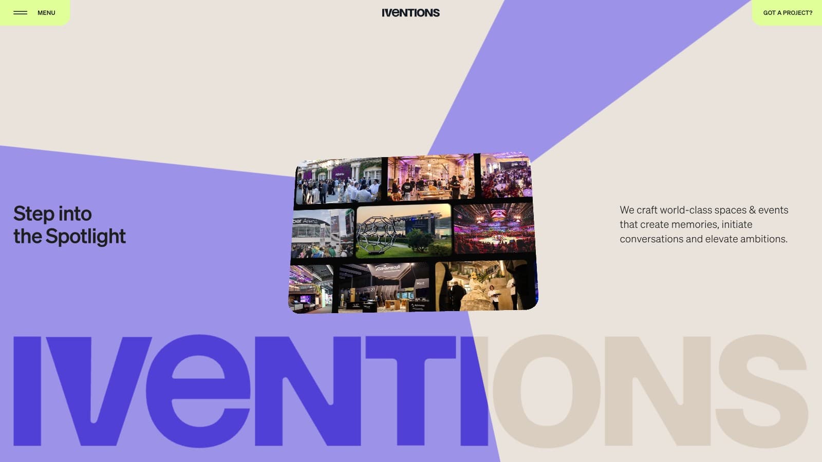 Iventions — homepage, Step into the Spotlight, event photo collage on lavender and beige