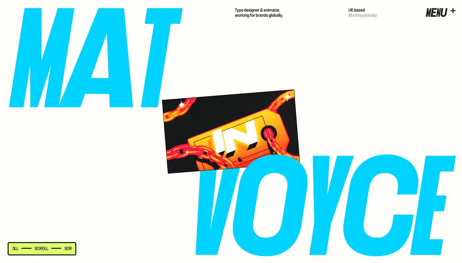 Mat Voyce — portfolio hero, giant cyan MAT VOYCE type around a tilted video card